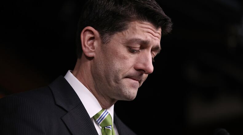 U.S. Speaker of the House Paul Ryan answers questions at a news conference at the Capitol after President Trump's healthcare bill was pulled from the floor of the House of Representatives on Friday.