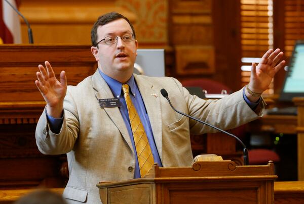 March 26, 2015 - Atlanta - Senator Joshua McKoon, sponsor of SB 129, the religious liberty bill, uses his point of privilege in this morning's senate session to promote his bill saying that in spite of the threatened loss of millions of dollars in convention business, having the protections are worth it. The senate passed a number of bills, including HB 225, the Uber bill; and HB 397, which revises the state Soil and Conservation Commission to the concern of farmers and environmentalists. BOB ANDRES / BANDRES@AJC.COM