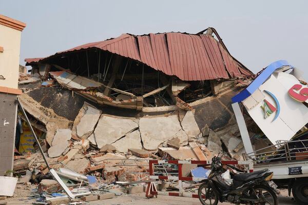 A collapsed building is seen in Naypyitaw, Myanmar, Saturday, March 29, 2025, after an earthquake rocked Myanmar on Friday. (AP Photo/Aung Shine Oo)