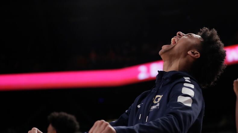 Georgia Tech guard Justin Moore reacts after a Tech basket during the first half of the team's NCAA college basketball game against Notre Dame on Wednesday, Jan. 10, 2018, in Atlanta. (AP Photo/John Bazemore)