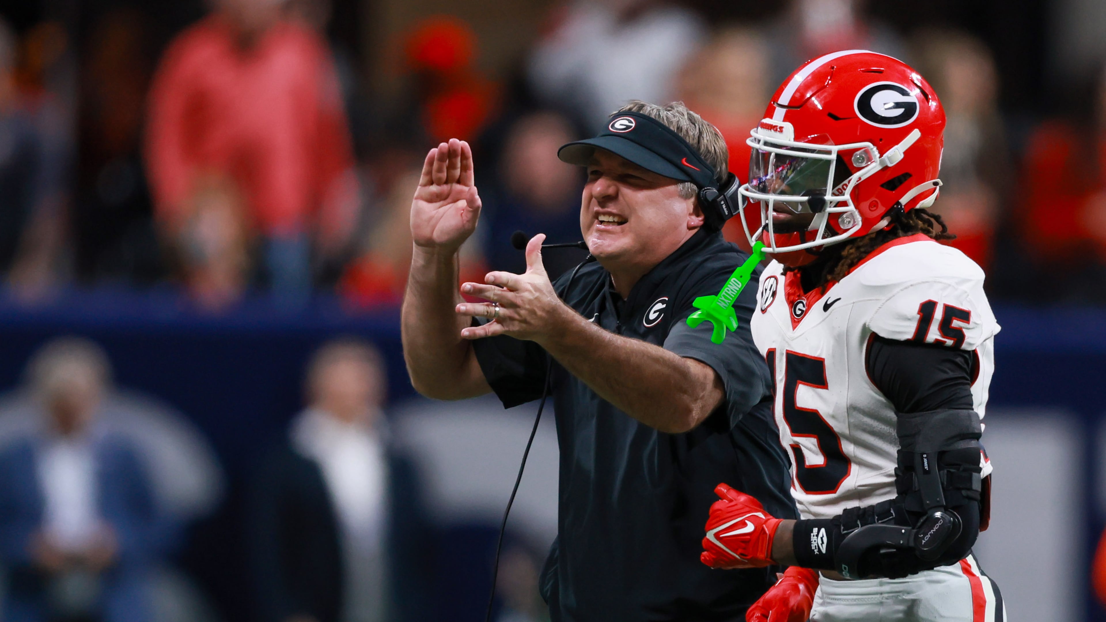 Georgia head coach Kirby Smart reacts after a penalty against defensive back Demello Jones (right) during the fourth quarter of the SEC Championship game against Alabama at Mercedes-Benz Stadium, Saturday, Dec. 6, 2025, in Atlanta. (Jason Getz/AJC)