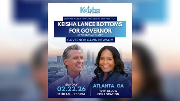California Gov. Gavin Newsom will appear at a fundraiser for former Atlanta Mayor Keisha Lance Bottoms, who is a Democratic candidate for governor.