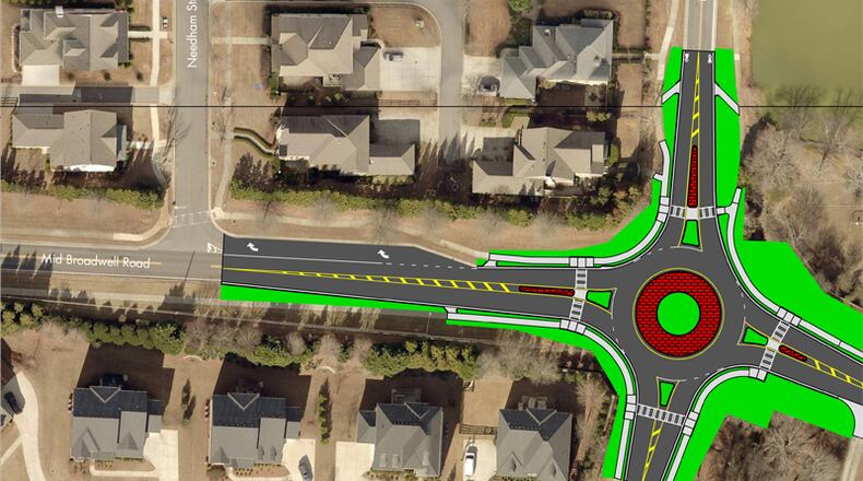 Rendering depicts the roundabout to be constructed at Bethany and Mid-Broadwell roads in Alpharetta. CITY OF ALPHARETTA