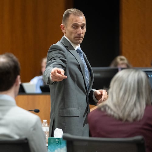 Deputy Utah County Attorney Ryan McBride points to Tyler Robinson as he begins his closing arguments in the preliminary hearing for Robinson, the man accused of fatally shooting Charlie Kirk, at the 4th District Court in Provo on Tuesday, Sept. 1, 2026. (Francisco Kjolseth/The Salt Lake Tribune via AP, Pool)