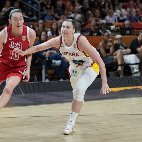during the Women's Basketball World Cup semifinal match between the United States and Spain in Berlin, Saturday, Sept. 12, 2026. (AP Photo/Ebrahim Noroozi)