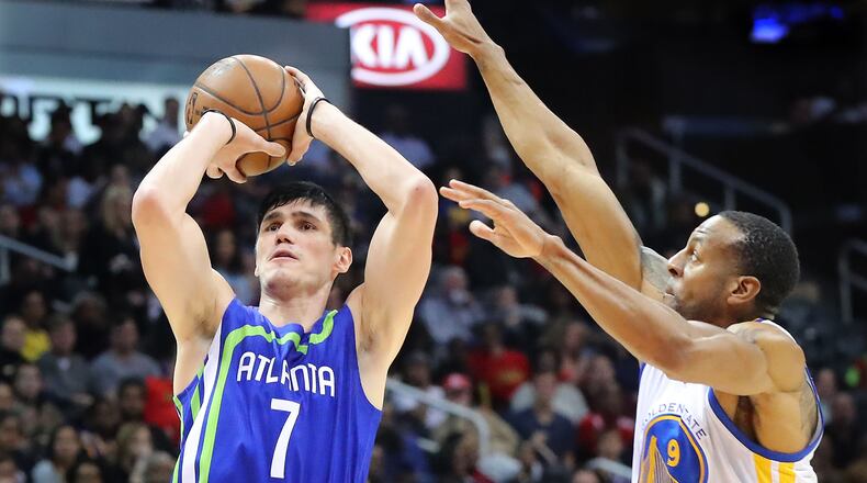 March 6, 2017, Atlanta: Atlanta Hawks Ersan Ilyasova shoots for two against Golden State Warriors Andre Uguodala during the second period in a NBA basketball game on Monday, March 6, 2017, in Atlanta. Curtis Compton/ccompton@ajc.com