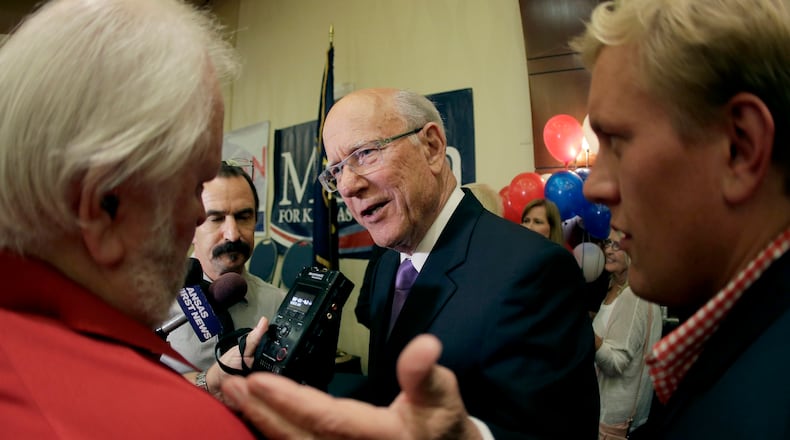 U.S. Sen. Pat Roberts talks to the media after making his victory speech at an election watch party Tuesday, Aug. 5, 2014, in Overland Park, Kan. Roberts defeated tea party-backed challenger Milton Wolf. (AP Photo/Charlie Riedel) U.S. Sen. Pat Roberts, R-Kansas, talks to the press after making his victory speech at an election watch party on Tuesday. Roberts defeated tea party-backed challenger Milton Wolf. AP/Charlie Riedel