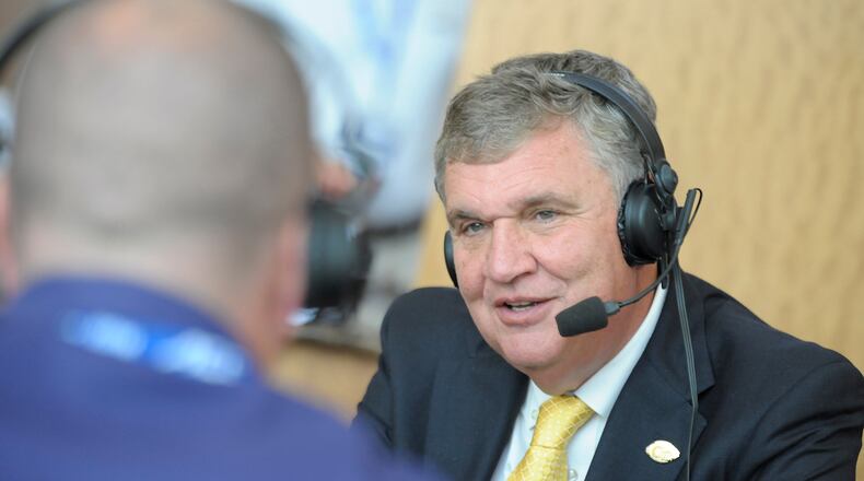 Georgia Tech head coach Paul Johnston is interviewed on sports talk radio during the 2017 ACC Football Kickoff media event in Charlotte, N.C., Friday July 14, 2017. (Photo by Sara D. Davis, the ACC.com)