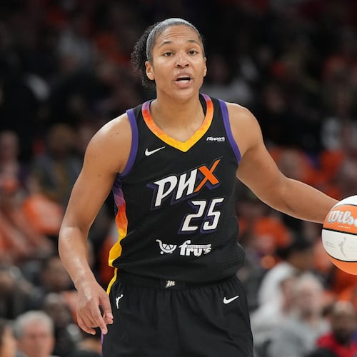 FILE - Phoenix Mercury forward Alyssa Thomas (25) drives against the Las Vegas Aces during the first half of Game 3 of the WNBA basketball finals, Wednesday, Oct. 8, 2025, in Phoenix. (AP Photo/Rick Scuteri, File)