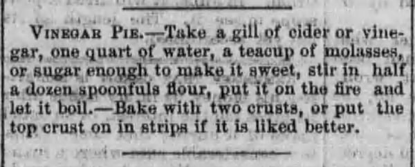 A recipe for vinegar pie from the Delaware Inquirer from May 7, 1859. (Courtesy of KC Hysmith)