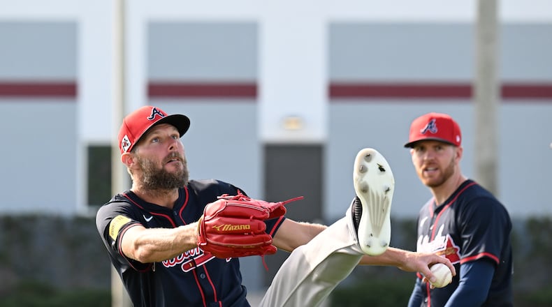 Atlanta Braves pitcher Chris Sale drops his gum and then kicks it for fun during spring training workouts at CoolToday Park, Saturday, February 15, 2025, North Port, Florida. (Hyosub Shin / AJC)