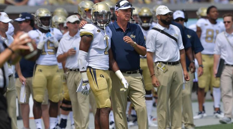 Georgia Tech coach Paul Johnson instructs Tech running back Qua Searcy (1) in the first half of the Tech home opener at Bobby Dodd Stadium on Saturday, September 1, 2018. Tech won 41-0 over the Alcorn State. HYOSUB SHIN / HSHIN@AJC.COM