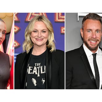 This combination of images shows, from left, Alex Cooper, Amy Poehler, and Dax Shepard. (AP Photo)