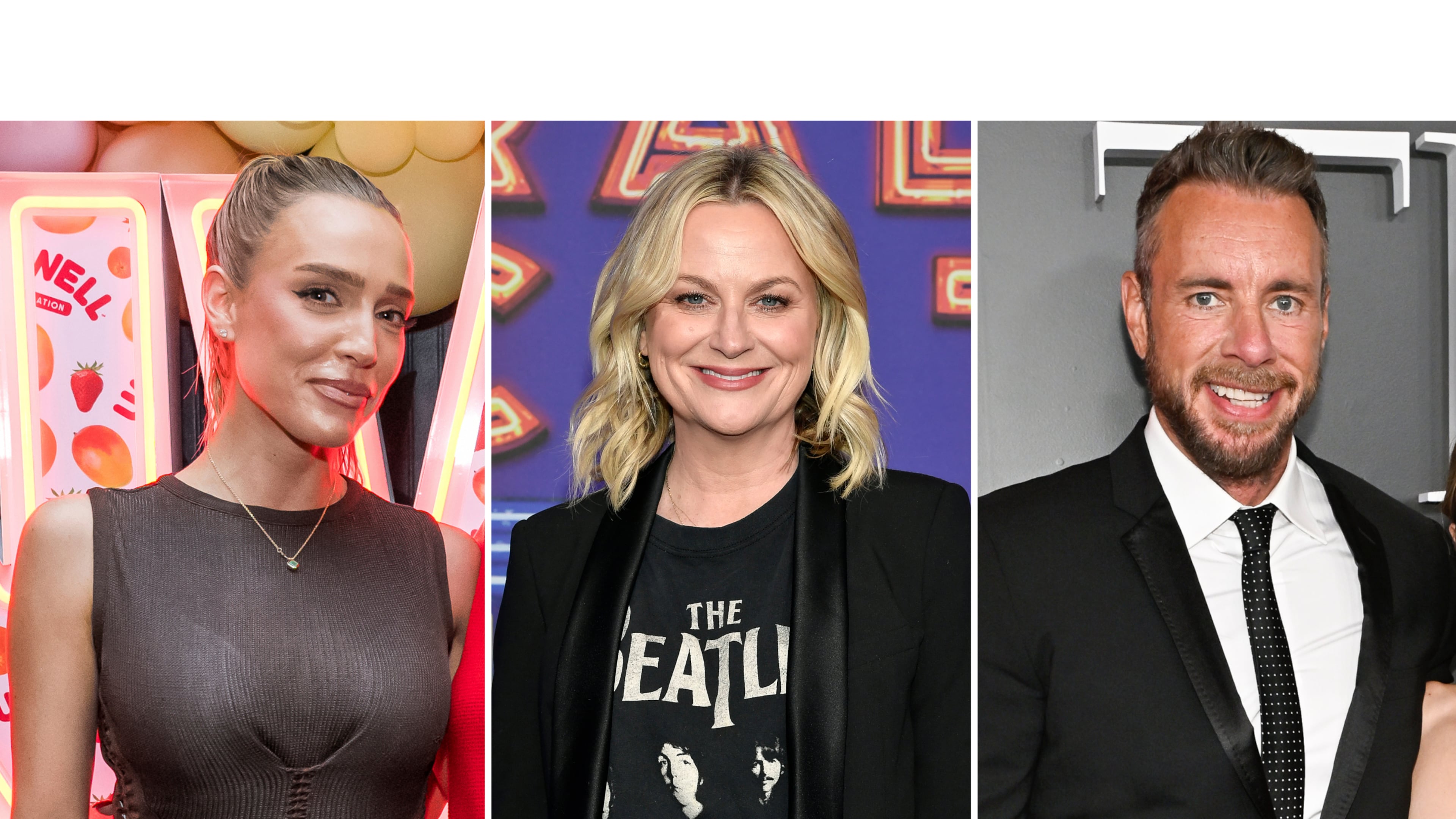 This combination of images shows, from left, Alex Cooper, Amy Poehler, and Dax Shepard. (AP Photo)