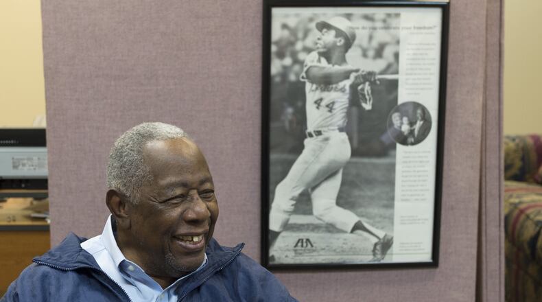 Atlanta Braves hall of fame right fielder Hank Aaron laughs during an interview with reporters on Monday, January 30, 2017. Numerous celebrations in Aaron’s honor will be taking place in the near future, including a bronze statue at SunTrust Park, a gala Friday in honor of his 83rd birthday. (DAVID BARNES / DAVID.BARNES@AJC.COM)
