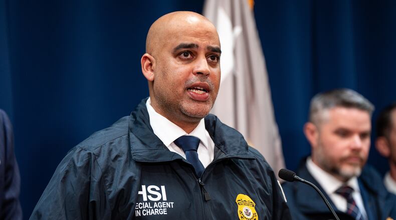 Homeland Security Investigations New York Special Agent in Charge Ricky J. Patel speaks at a news conference announcing numerous arrests in illegal sports betting and poker game schemes at the U.S. Attorney's Office, Thursday, Oct. 23, 2025, in New York. (AP Photo/Angelina Katsanis)
