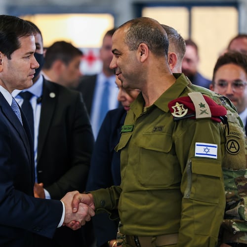 US Secretary of State Marco Rubio speaks with Israeli Brigadier General Yaakov Dolf as he visits the Civil-Military Coordination Center in Southern Israel, Friday, Oct. 24, 2025. (Fadel Senna/Pool Photo via AP)