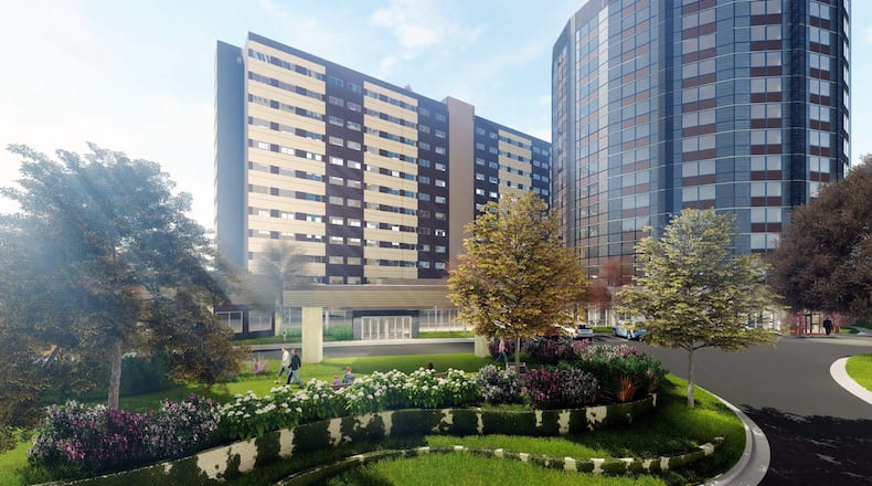 Peacock Partnership, led by Atlanta architect Dean Peacock, purchased most of the 15-story Presidential Tower property near Spaghetti Junction. The building once housed the Presidential Hotel. Peacock plans to renovate the tower and construct an adjacent 12-story building. Together they’d include 400 rental units for active seniors. Rendering courtesy of Peacock Partnership