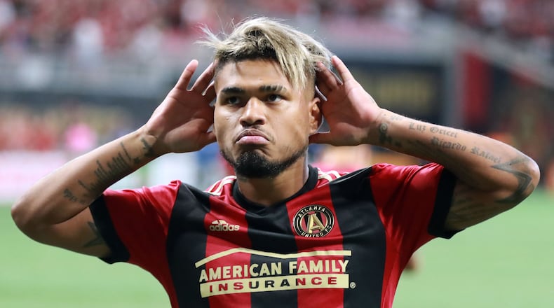 Atlanta United forward Josef Martinez reacts to scoring a goal against Orlando City for a 1-0 lead Saturday, June 30, 2018, in Atlanta.