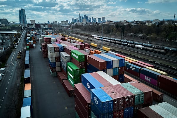 FILE - Containers are piled up at a cargo terminal in Frankfurt, Germany, April 1, 2025. (AP Photo/Michael Probst, File)