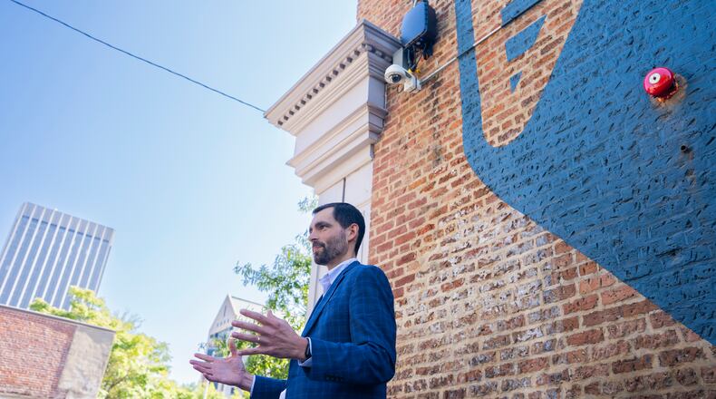 Bailey Quintrell, chief strategy officer for Flock Safety, speaks after a news event in South Downtown on Friday, Sept. 20, 2024. Quintrell outlined the strategic vision behind the deployment of AI-powered security cameras in the area. (Olivia Bowdoin for the AJC).