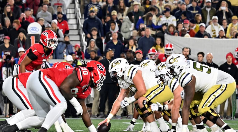 Georgia and Georgia Tech line up at the line of scrimmage during the first half of an NCAA college football game at Georgia Tech's Bobby Dodd Stadium, Saturday, November 25, 2023, in Atlanta. Georgia won 31-23 over Georgia Tech. (Hyosub Shin / Hyosub.Shin@ajc.com)