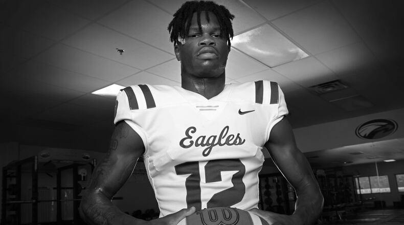 Collins Hill wide receiver Travis Hunter, a 2021 AJC Super 11 selection, caught a state-record 137 passes in 2020 for 1,746 yards and 24 touchdowns and was credited with 51 solo tackles and eight interceptions. He had three touchdowns in a game five times. His 11-catch, 183-yard performance against fourth-ranked Lowndes helped put Collins Hill in a championship game for the first time. (Tyson Alan Horne / Tyson.Horne@ajc.com)