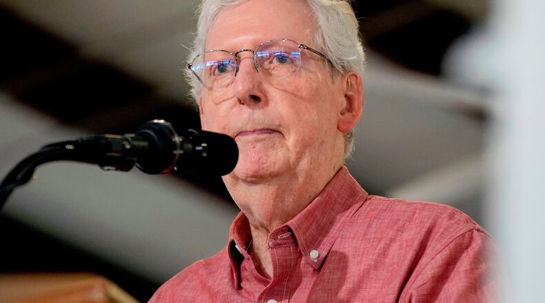 FILE - Sen. Mitch McConnell, R-Ky., speaks at an event, Aug. 2, 2025, in Fancy Farm, Ky. (AP Photo/Mark Humphrey, File)