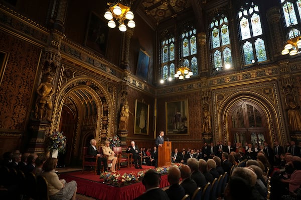 French President Emmanuel Macron addresses parliament in the Palace of Westminster, London, Tuesday, July 8, 2025.(AP Photo/Alastair Grant, Pool)