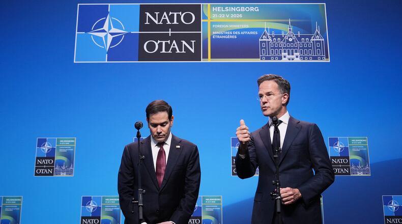 United States Secretary of State Marco Rubio, left, and NATO Secretary General Mark Rutte deliver a statement during a meeting of NATO foreign ministers in Helsingborg, Sweden, Friday, May 22, 2026. (AP Photo/Julia Demaree Nikhinson, Pool)