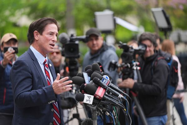 Los Angeles County District Attorney Nathan Hochman speaks outside of court before a hearing in the case of Erik and Lyle Menendez Thursday, April 17, 2025, in Los Angeles. (AP Photo/Damian Dovarganes)