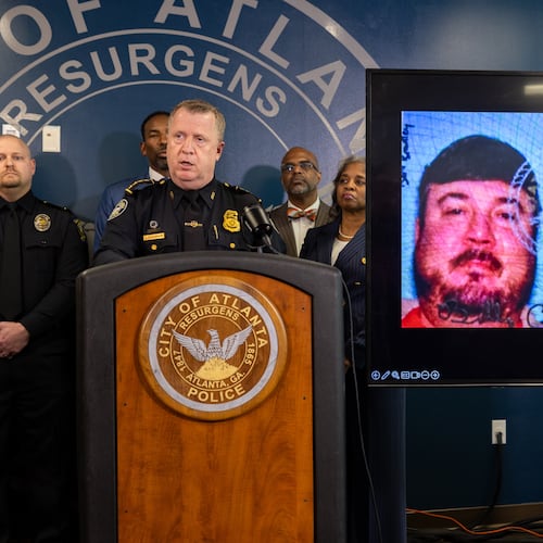 Atlanta Police Chief Darin Schierbaum speaks during a press conference at the Atlanta Police Department headquarters in Atlanta on Monday, October 20, 2025, regarding a Cartersville man, Billy Cagle, who threatened to "shoot up" the airport. (Arvin Temkar/Atlanta Journal-Constitution via AP)