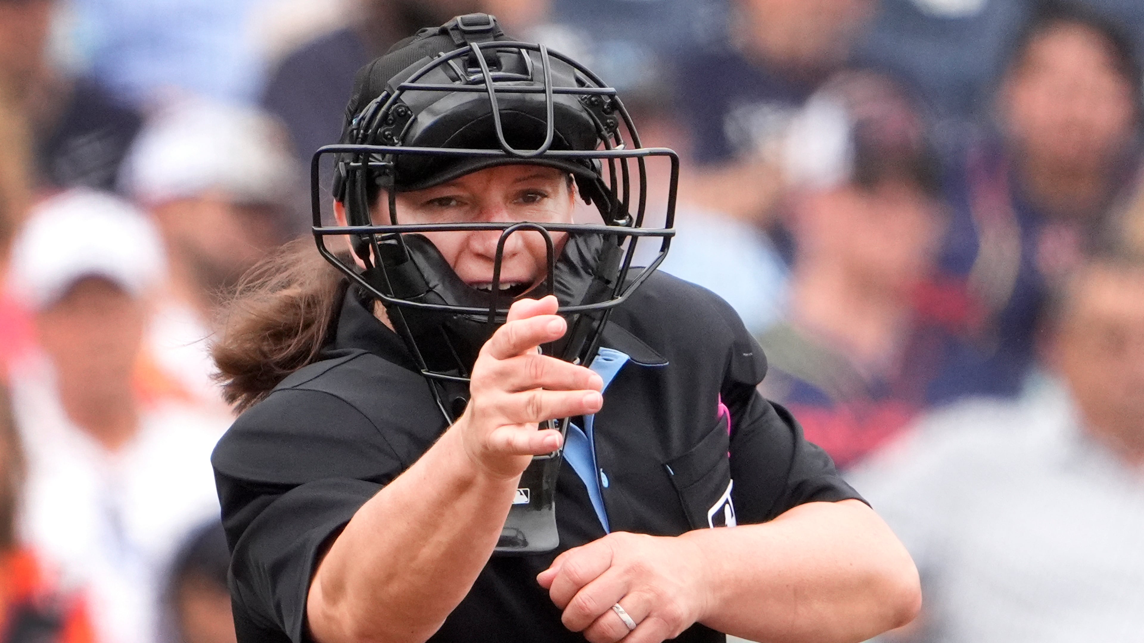 Jen Pawol, who has worked MLB spring training games, will be behind the plate this weekend when the Braves take on the Cardinals. (Jeff Roberson/AP)