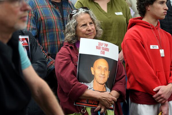 Shari Edelstein shows her support for the hostages held in Gaza during the Boulder Jewish Festival in Boulder, Colo., on Sunday, June 8, 2025. (AP Photo/Thomas Peipert)