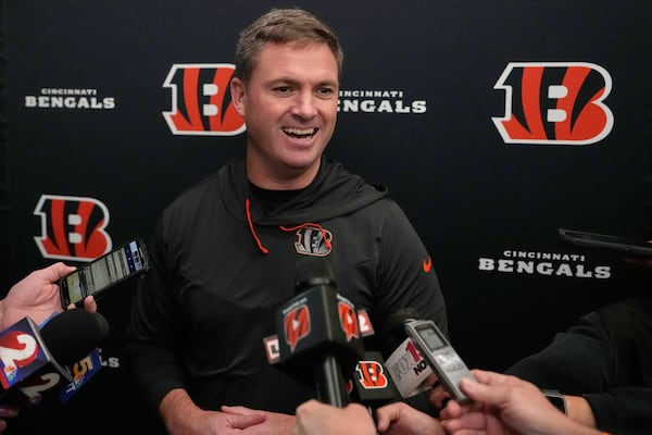 Cincinnati Bengals head coach Zac Taylor talks with media after the NFL football team's rookie minicamp on Friday, May 9, 2025, in Cincinnati. (AP Photo/Carolyn Kaster)