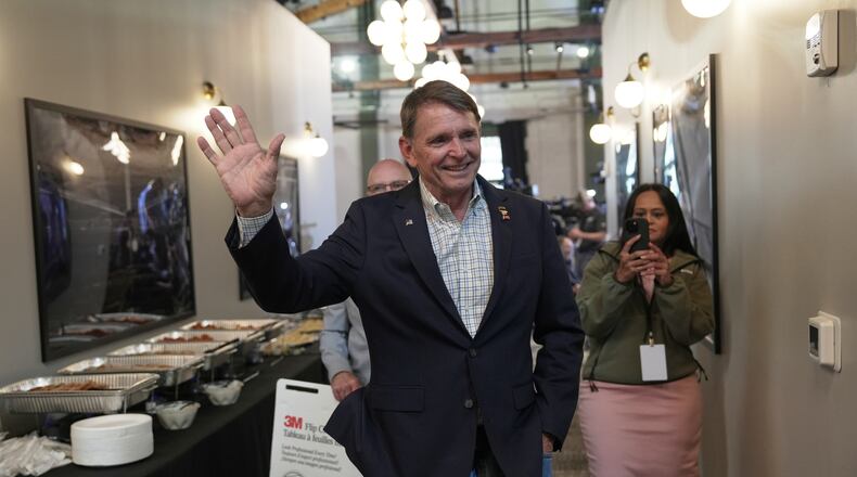 Republican congressional candidate Ed Gallrein greets supporters during an election night event Tuesday, May 19, 2026, in Covington, Ky. (AP Photo/Joshua A. Bickel)