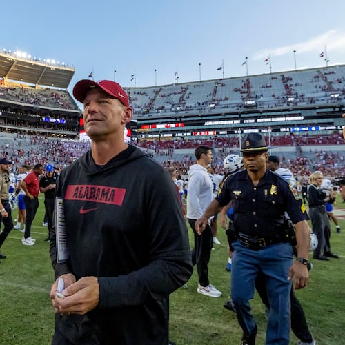 Alabama head coach Kalen DeBoer walks off the field after a 56-0 win over Eastern Illinois at an NCAA college football game, Saturday, Nov. 22, 2025, in Tuscaloosa, Ala. (AP Photo/Vasha Hunt)