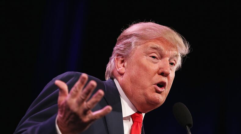 DES MOINES, IA - JANUARY 24: Businessman Donald Trump speaks to guests at the Iowa Freedom Summit on January 24, 2015 in Des Moines, Iowa. The summit is hosting a group of potential 2016 Republican presidential candidates to discuss core conservative principles ahead of the January 2016 Iowa Caucuses. (Photo by Scott Olson/Getty Images)