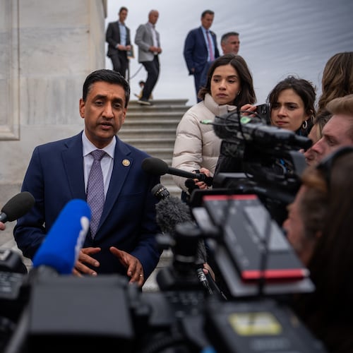 Rep. Ro Khanna, D-Calif., speaks to reporters on the steps of the U.S. Capitol after voting in favor of the Epstein Files Transparency Act, Tuesday, Nov. 18, 2025, in Washington. (AP Photo/Julia Demaree Nikhinson)