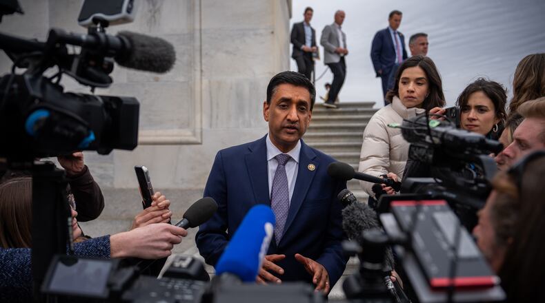 Rep. Ro Khanna, D-Calif., speaks to reporters on the steps of the U.S. Capitol after voting in favor of the Epstein Files Transparency Act, Tuesday, Nov. 18, 2025, in Washington. (AP Photo/Julia Demaree Nikhinson)