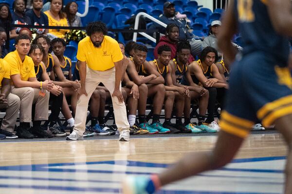 Eagles Landing head coach Elliott Montgomery watches his team during the GHSA AAAAA boys Jones County vs Eagles Landing basketball playoff game at the University of West Gerogia in Carrolton, March 3, 2023. Jamie Spaar for the Atlanta Journal-Constitution