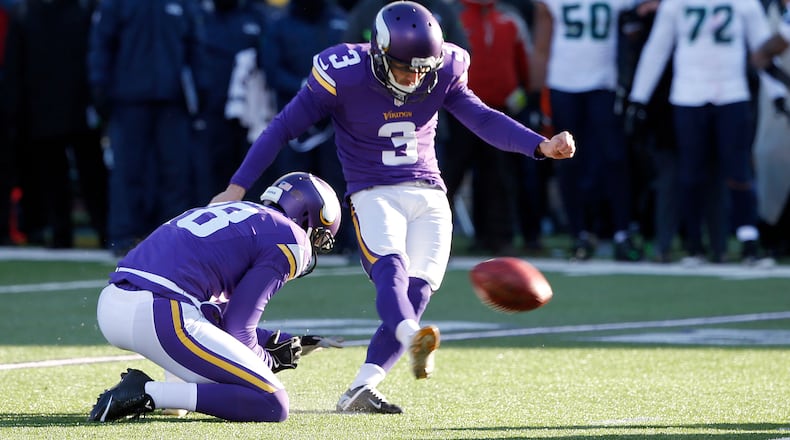Minnesota Vikings kicker Blair Walsh (3) misses a field goal during the second half of an NFL wild-card football game against the Seattle Seahawks, Sunday, Jan. 10, 2016, in Minneapolis. The Seahawks won 10-9. (AP Photo/Jim Mone)