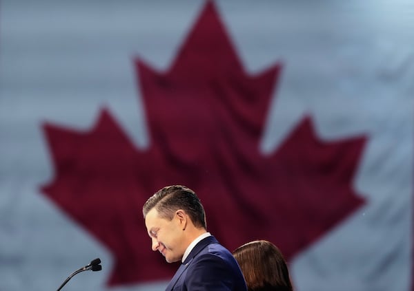 Conservative Leader Pierre Poilievre speaks at his campaign headquarters on election night, in Ottawa, Tuesday, April 29, 2025. (Christinne Muschi/The Canadian Press via AP)