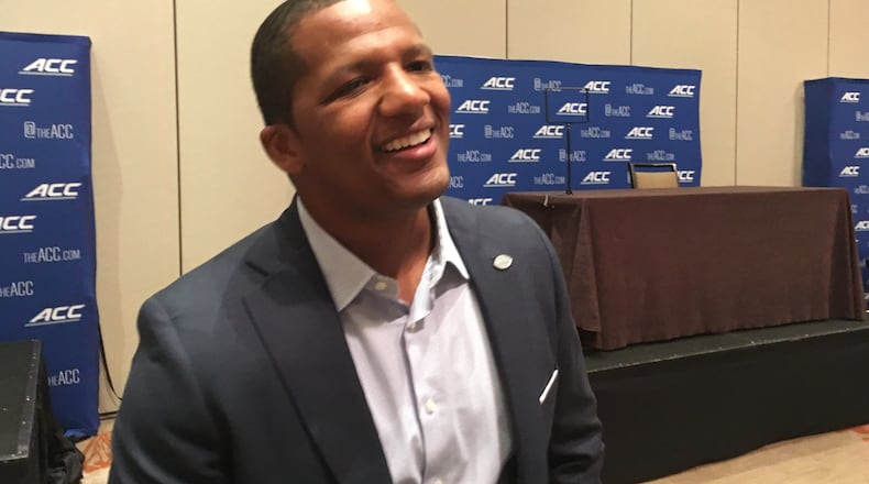 Former Georgia Tech captain Roddy Jones spoke with media at the ACC KIckoff in Charlotte, N.C., July 17, 2019. Jones, who will call games for the ACC Network as a game analyst, said he is hopeful there are other opportunities for him at the fledgling network. "I've got a couple of ideas that hopefully someone will listen to," he said. (AJC photo by Ken Sugiura)