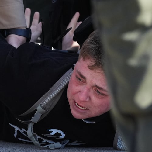 Illinois State police detain a protester outside an ICE processing facility in the Chicago suburb of Broadview, Ill., Friday, Nov. 14, 2025. (AP Photo/Nam Y. Huh)