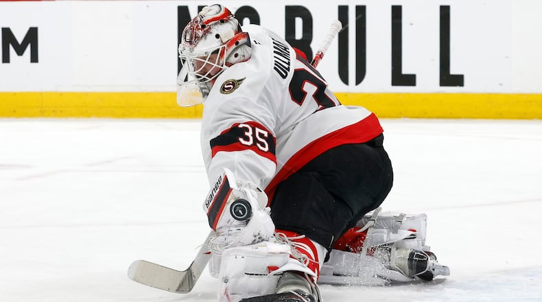 FILE - Ottawa Senators goaltender Linus Ullmark (35) blocks the penalty shot of Carolina Hurricanes' Jordan Martinook, not shown, during the first overtime of Game 2 of an NHL hockey Stanley Cup first-round playoff series in Raleigh, N.C., Monday, April 20, 2026. (AP Photo/Karl DeBlaker, File)