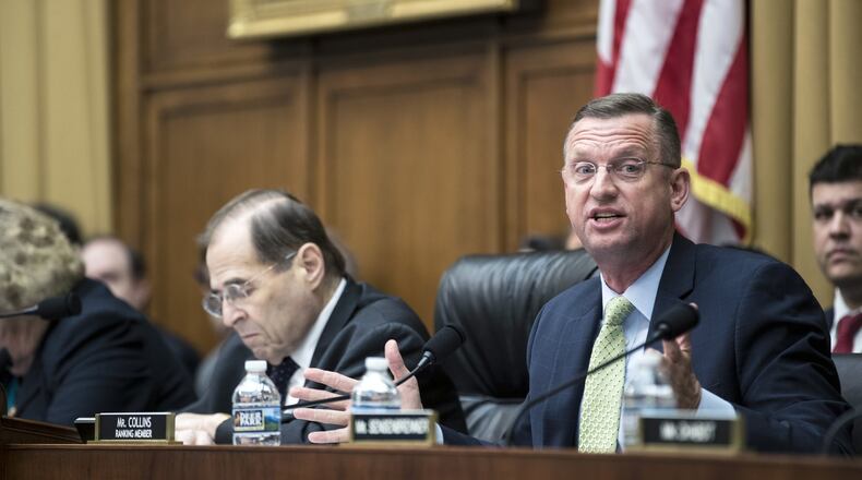 From left, House Judiciary Committee Chairman Jerold Nadler (D-N.Y.) listens as Rep. Doug Collins (R-Ga.), the top Republican on the committee, speaks during a hearing in Washington on Thursday, May 2, 2019. (Sarah Silbiger/The New York Times)