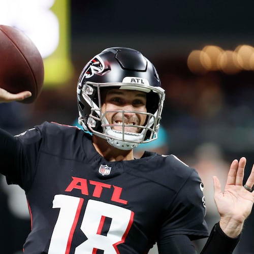 Atlanta Falcons quarterback Kirk Cousins (18) throws a pass during warm-ups as he prepares to be the starter against the Miami Dolphins after Atlanta Falcons quarterback Michael Penix Jr. (9) was injured last game; Sunday, October 26, 2025.  (Miguel Martinez/ AJC)
