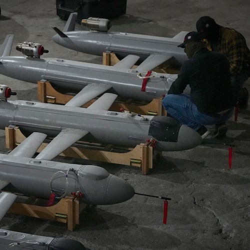 Servicemen of Ukraine's defense intelligence set up the Peklo (Hell) missile drones against Russian in an undisclosed location in Ukraine late Thursday, May 28, 2026. (AP Photo/Efrem Lukatsky)