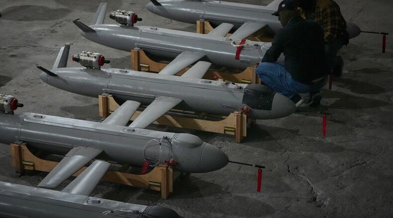 Servicemen of Ukraine's defense intelligence set up the Peklo (Hell) missile drones against Russian in an undisclosed location in Ukraine late Thursday, May 28, 2026. (AP Photo/Efrem Lukatsky)